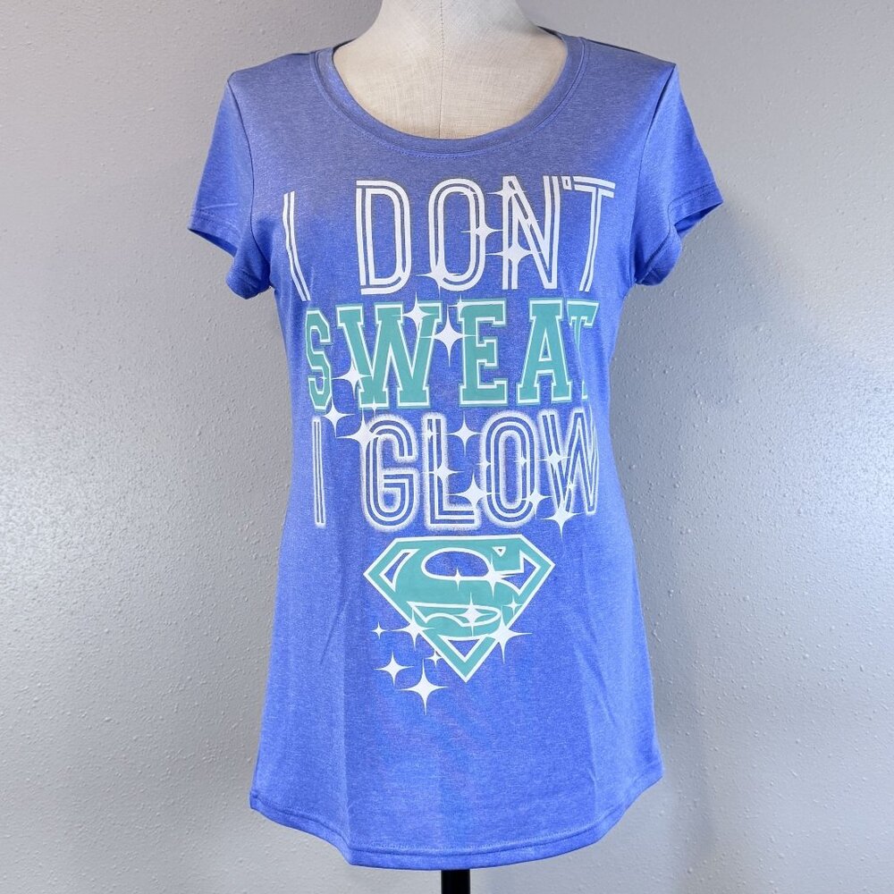 Superman Womens XL Athletic Tee Shirt "I Dont Sweat I Glow" Blue Graphic Print